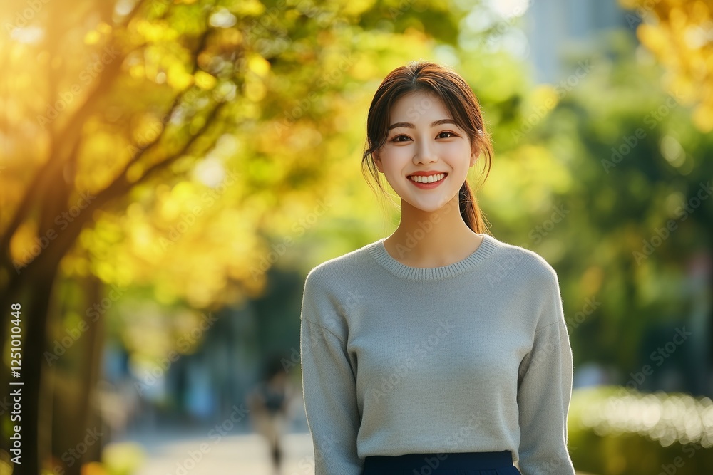 Portrait of a beautiful, smiling business woman wearing a casual outfit and standing in an outdoor park. She is looking at the camera and posing with her hand on her hip