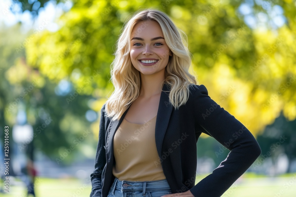 Portrait of a beautiful, smiling business woman wearing a casual outfit and standing in an outdoor park. She is looking at the camera and posing with her hand on her hip