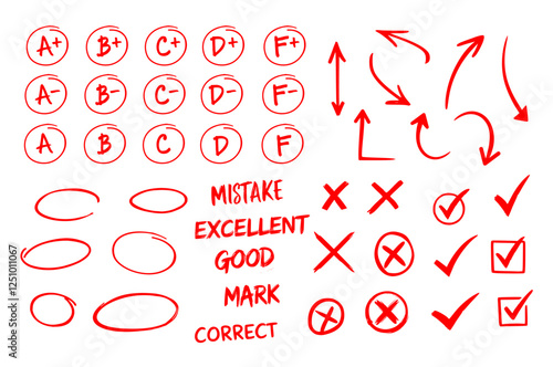 grading elements for exam containing A+, B+, C+, D+, F+, circle, cross, arrow, mistake, excellent, good, mark, correct etc. hand drawn red symbols for exam paper. student, teacher, school, college etc