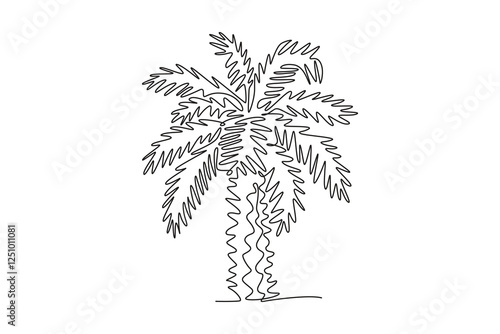 Continuous one line drawing beauty and big phoenix dactylifera tree logo. Decorative date palm plant concept for home decor wall art poster print. Single line draw design vector graphic illustration