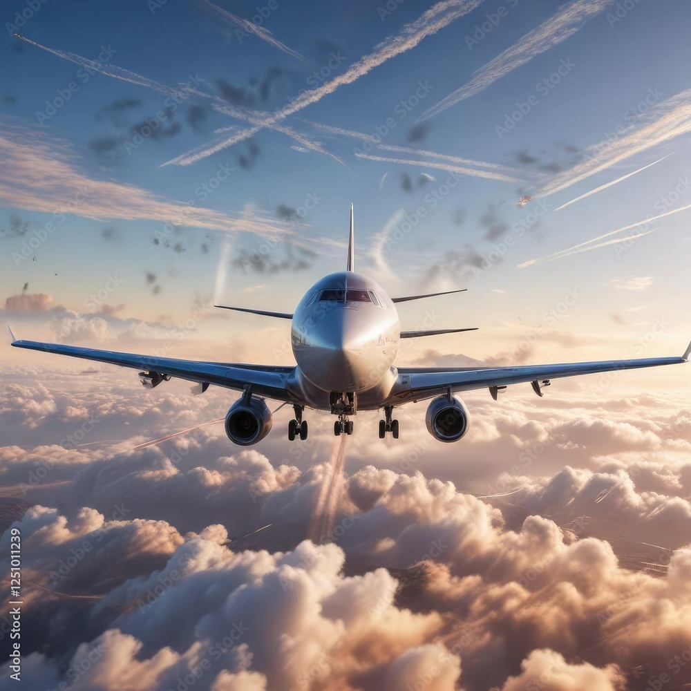 Fototapeta premium airplane leaving the ground with contrails behind, takeoff, aviation, contrail