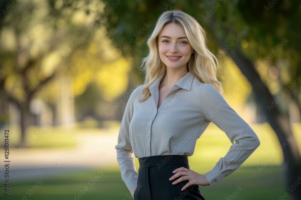 Portrait of a beautiful, smiling business woman wearing a casual outfit and standing in an outdoor park. She is looking at the camera and posing with her hand on her hip Portrait of a beautiful, smiling business woman wearing a casual outfit and standing in an outdoor park. She is looking at the camera and posing with her hand on her hip