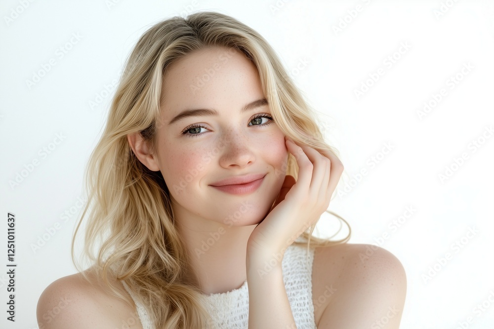 A young beautiful woman in her early to mid 20s, smiling and gently touching her face with her hand on a white background. She is wearing a white sleeveless top A young beautiful woman in her early to mid 20s, smiling and gently touching her face with her hand on a white background. She is wearing a white sleeveless top