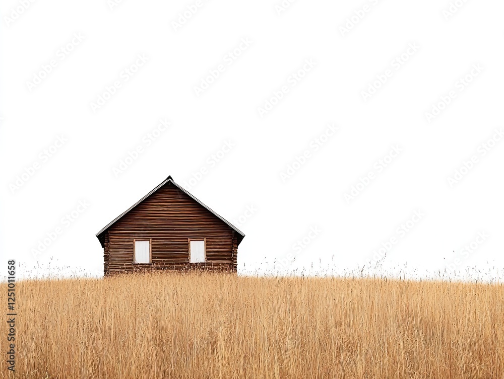 Obraz premium Secluded Cabin in Golden Field: A Minimalist Rustic Retreat Image