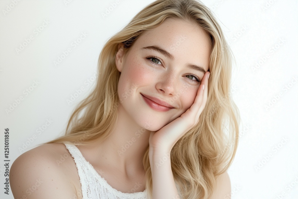 Fototapeta premium A young beautiful woman in her early to mid 20s, smiling and gently touching her face with her hand on a white background. She is wearing a white sleeveless top