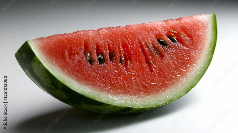 A Single Slice of Watermelon Showcasing Its Deep Red Flesh and Black Seeds on a Light Background A Single Slice of Watermelon Showcasing Its Deep Red Flesh and Black Seeds on a Light Background