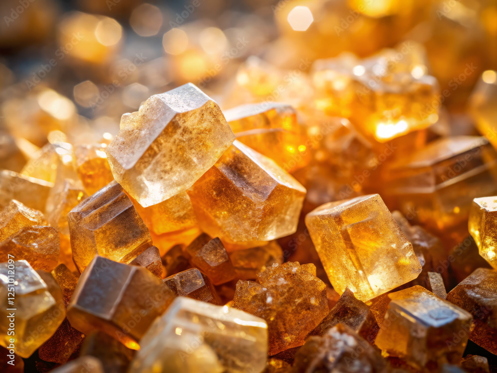 Gritty unrefined sugar crystals glint in warm light, showcasing their irregular shapes Gritty unrefined sugar crystals glint in warm light, showcasing their irregular shapes