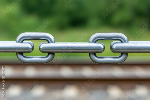 Close-up of two interlocked metal chain links, blurred green background and railroad tracks visible. photo