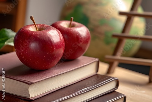 A vintage-style world map with red apples placed on top of books, surrounded by other retro items like an old globe and wooden ladders photo