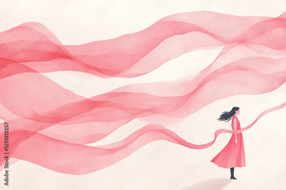 March 8 showcases a woman in a flowing red dress entwined in ribbons of vibrant pink against a light backdrop