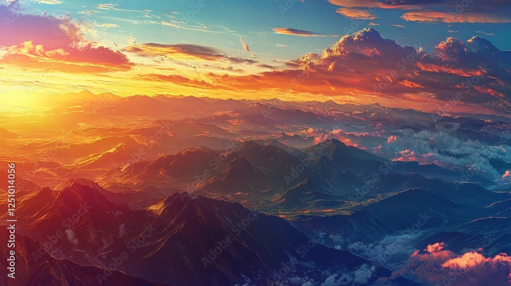 Aerial view of mountains and hills during golden sunset with blue skies and clouds from an airplane window Aerial view of mountains and hills during golden sunset with blue skies and clouds from an airplane window