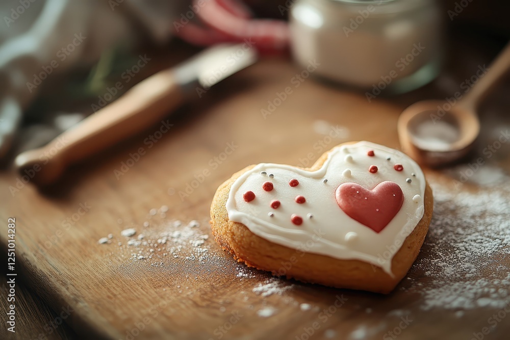 Heart Shaped Sugar Cookie with Red and White Icing on Wooden Board Heart Shaped Sugar Cookie with Red and White Icing on Wooden Board