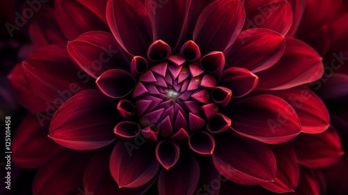 23.A captivating image of a dark red dahlia with rich, velvety petals, each one carefully arranged to create a perfect, symmetrical bloom. The photograph captures the natural beauty and depth of the