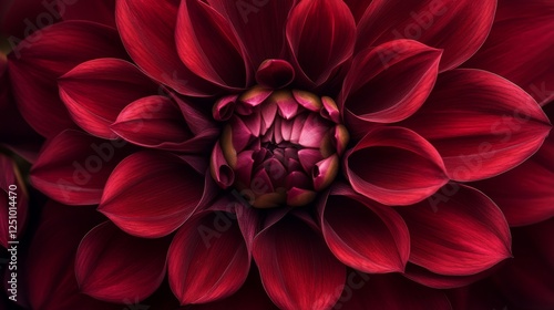 23.A captivating image of a dark red dahlia with rich, velvety petals, each one carefully arranged to create a perfect, symmetrical bloom. The photograph captures the natural beauty and depth of the