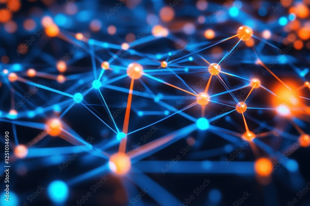 A high-tech 3D rendering of interconnected geometric structures with vibrant neon blue and orange lighting, representing data architecture and futuristic technology A high-tech 3D rendering of interconnected geometric structures with vibrant neon blue and orange lighting, representing data architecture and futuristic technology