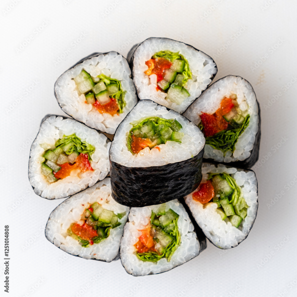 Exquisite Sushi Rolls With Vibrant Vegetables and Fresh Fish Arranged Artfully on a White Plate for a Delightful Culinary Experience Exquisite Sushi Rolls With Vibrant Vegetables and Fresh Fish Arranged Artfully on a White Plate for a Delightful Culinary Experience