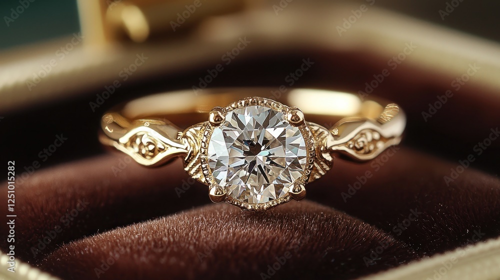 Elegant gold engagement ring with a brilliant diamond in a velvet-lined box Elegant gold engagement ring with a brilliant diamond in a velvet-lined box