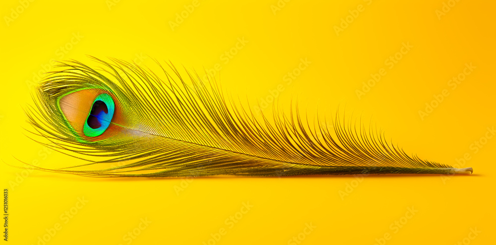 Obraz premium Peacock feather on yellow background