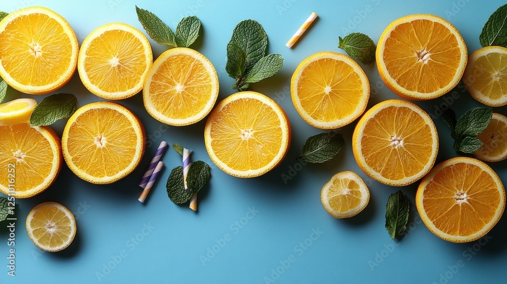 Juicy oranges, mint, and lemon slices on blue background, perfect for summer drink recipes Juicy oranges, mint, and lemon slices on blue background, perfect for summer drink recipes