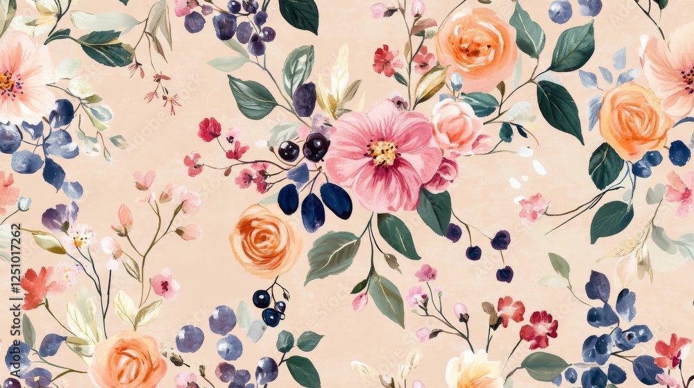 1.Spring Flowers on Blush Background Berries Leaf Floral Pattern 1.Spring Flowers on Blush Background Berries Leaf Floral Pattern
