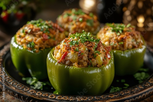 Delicious homemade stuffed bell peppers with herbs photo