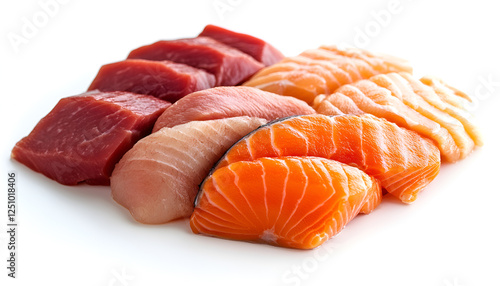 Mix of raw meat and fish. Salmon, beef, pork, chicken. Photo above