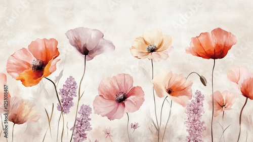 Fototapeta Naklejka Na Ścianę i Meble -  10.A light and airy watercolor illustration of blooming flowers, such as poppies and lilacs, on a plain, neutral background. The petals are painted with fluid brushstrokes, giving the flowers an