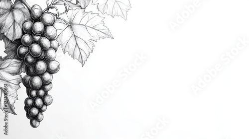 Hand-drawn black and white illustration of grape bunch with detailed leaves on minimalist white background