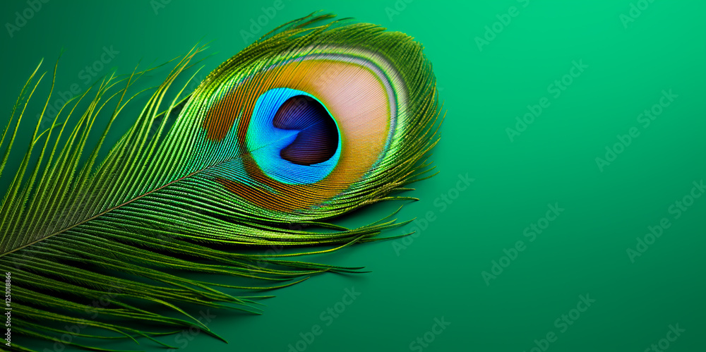 Obraz premium Peacock feather on green background