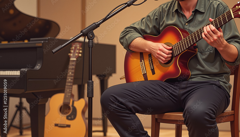 Obraz premium Musician passionately playing acoustic guitar in studio, musical artistry