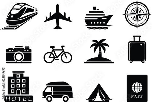 A collection of travel-related icons in black and white. The top row features a high-speed train, an airplane, a cruise ship, and a compass. 