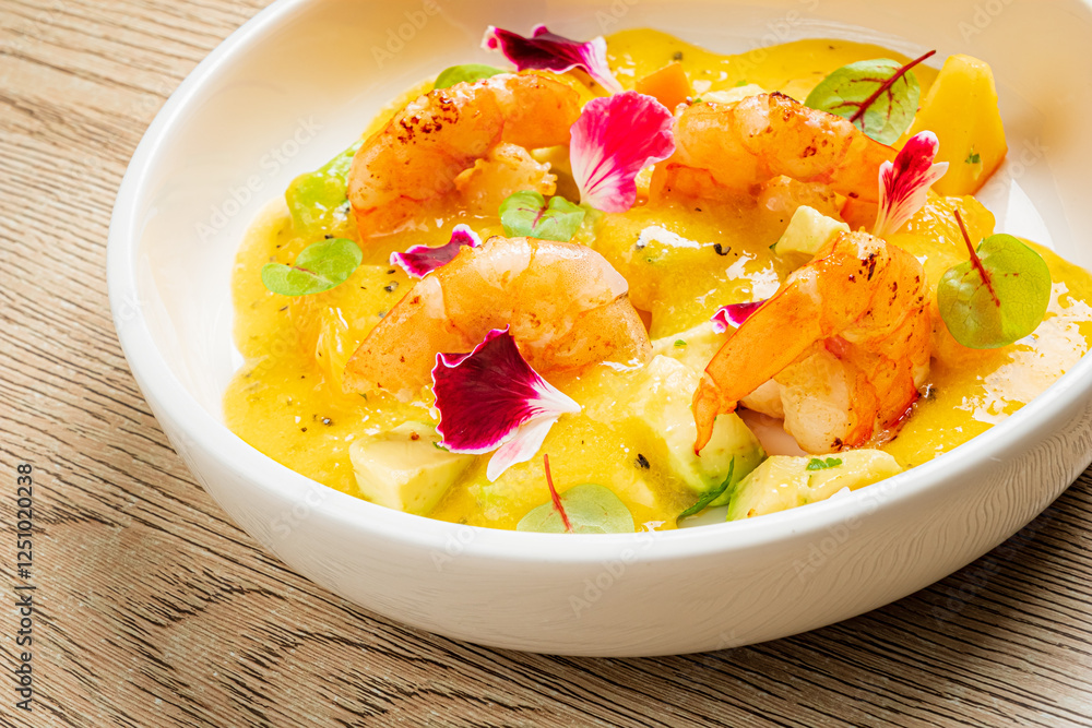 Delightful Shrimp Dish Featuring Vibrant Mango Sauce and Edible Flowers in a Modern Culinary Presentation Delightful Shrimp Dish Featuring Vibrant Mango Sauce and Edible Flowers in a Modern Culinary Presentation