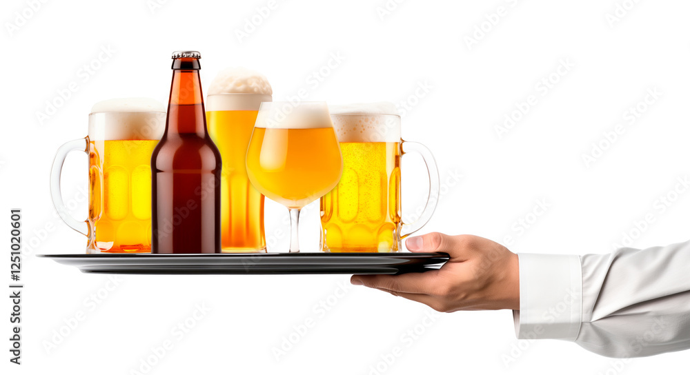 Waiter hand holding metal tray with set of Beer glasses and bottles on a white background. Waiter hand holding metal tray with set of Beer glasses and bottles on a white background.