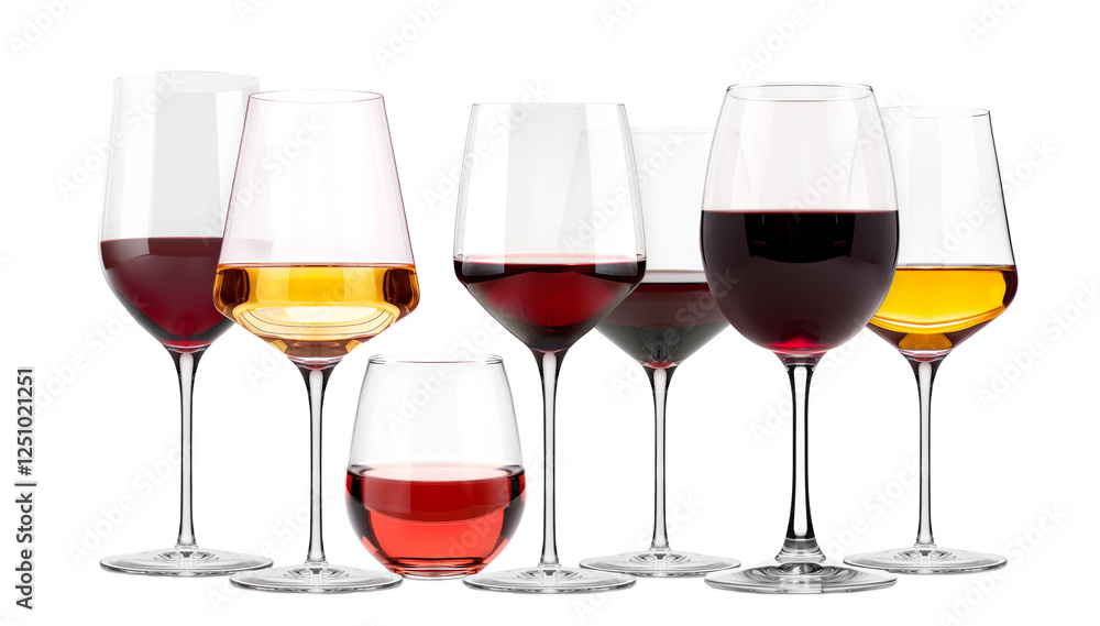 Set of red and white wine glasses isolated on white background. Rose wine splashing in glassware. Set of red and white wine glasses isolated on white background. Rose wine splashing in glassware.