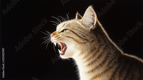 Close up of hissing cat face with vibrant brushwork in dark tones