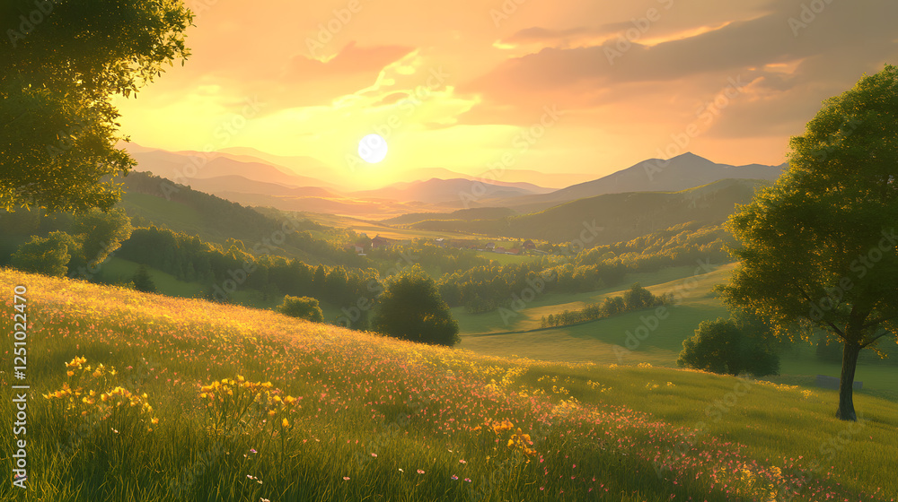 Obraz premium Serene Sunset over Rolling Hills and Wildflower Meadow