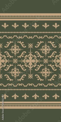 Noble Opulence Gold Weaves Embroidery on Green Khaki Background Pattern. Seamless Border opulent shade of green, evoking a sense of luxury and timeless elegance for decoration apparel, cushion, rug