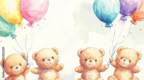 40.A watercolor illustration featuring a group of baby teddy bears, each holding a brightly colored balloon. The teddy bears are soft and cuddly, with sweet expressions, creating a heartwarming,