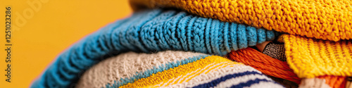 Stacked Knit Sweaters: Yellow, Blue, Off-White, and Orange