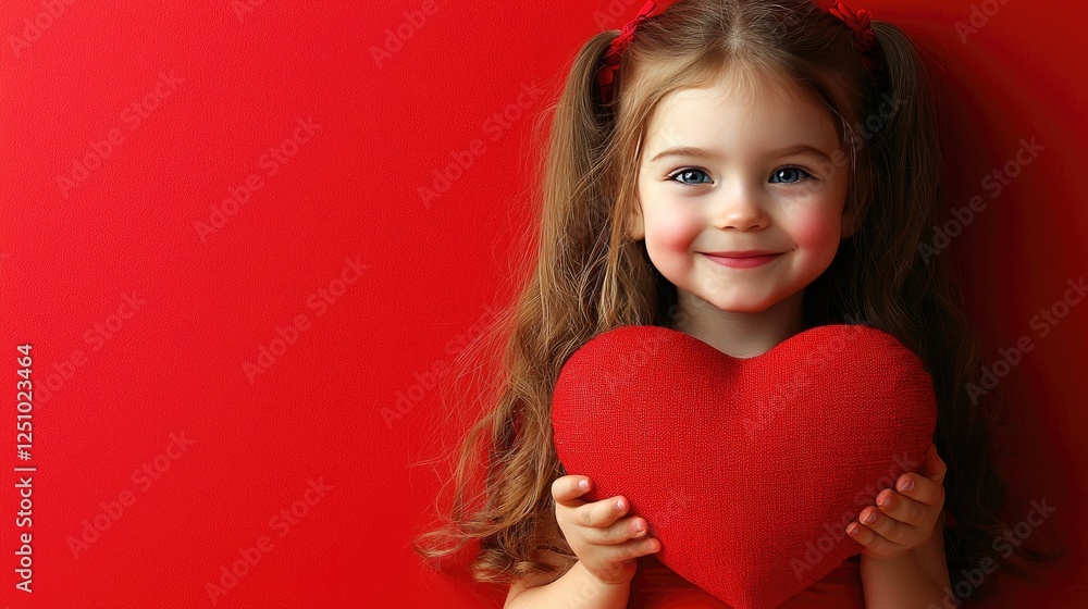 Adorable Girl Holding a Red Heart Against a Vibrant Red Background Adorable Girl Holding a Red Heart Against a Vibrant Red Background