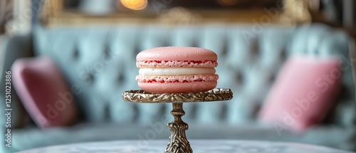 Perfectly crafted macaron in a delicate bronze stand, surrounded by vintage french cafe aesthetic from the 1910s, belle epoque style, gilded frames, plush seating