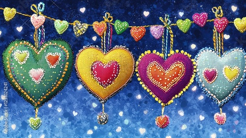 Colorful Heart Decorations on a Festive Background with Bokeh Effect