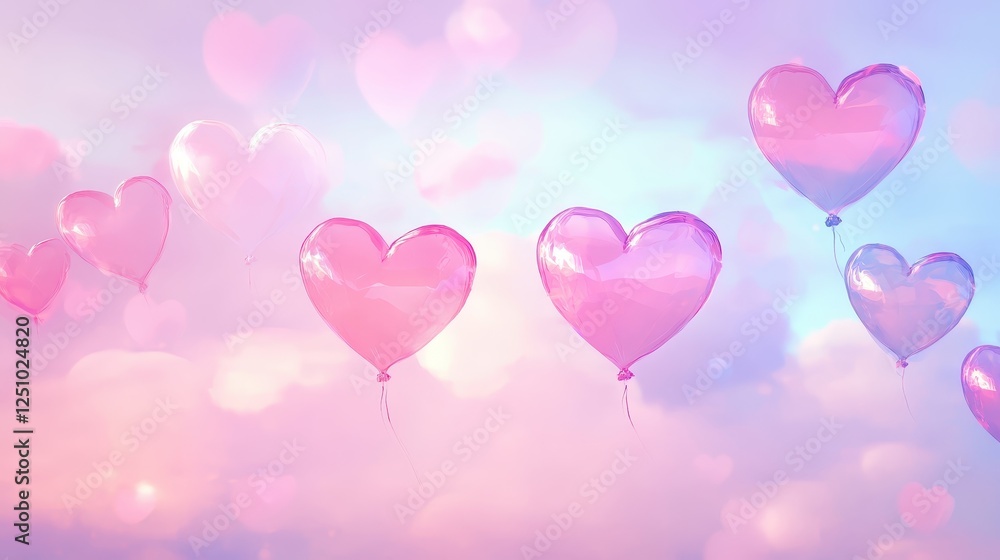 Pink And Purple Heart Balloons Floating In A Dreamy Sky Pink And Purple Heart Balloons Floating In A Dreamy Sky