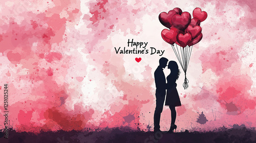 Romantic watercolor-style silhouette of a couple embracing with floating heart balloons on a dreamy pink background.
