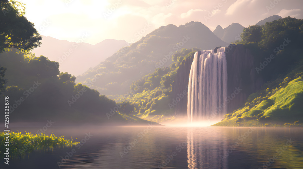 Fototapeta premium Serene Waterfall in a Lush Mountain Valley at Sunset