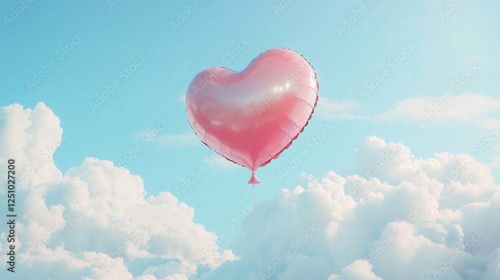 Fototapeta premium Pink Heart Shaped Balloon Floating Among Fluffy White Clouds in a Bright Blue Sky