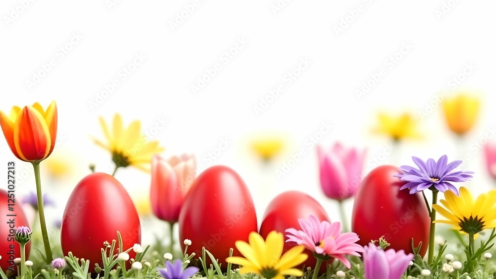 Brightly colored Easter eggs surrounded by fresh spring flowers on a light background Brightly colored Easter eggs surrounded by fresh spring flowers on a light background