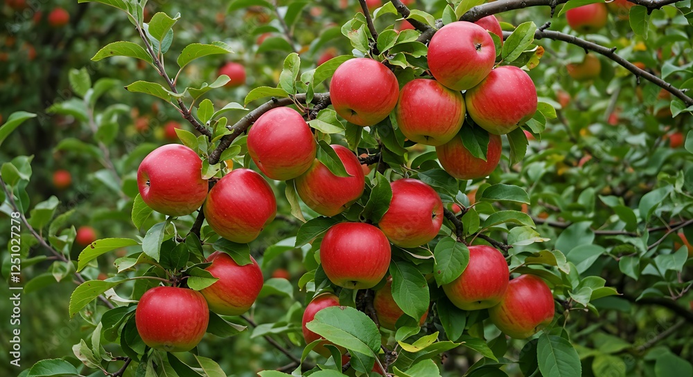 A tree branch laden with ripe apples, surrounded by green leaves. A tree branch laden with ripe apples, surrounded by green leaves.
