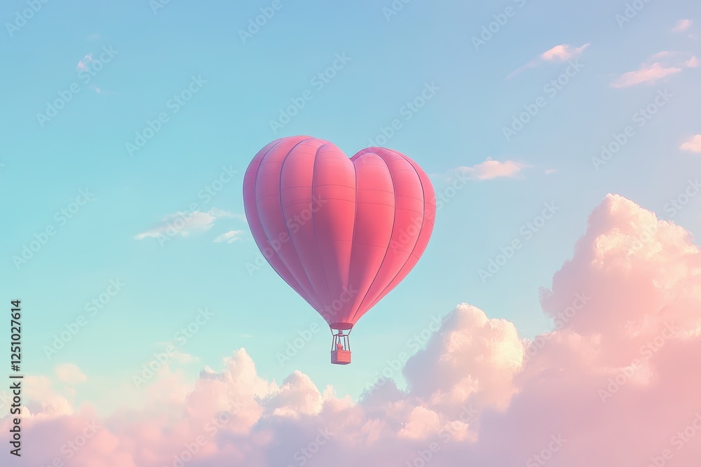 Pink Heart Shaped Hot Air Balloon Floating Among Pastel Clouds Pink Heart Shaped Hot Air Balloon Floating Among Pastel Clouds
