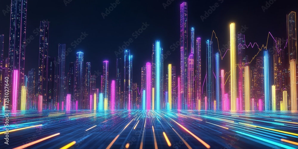 Neon Cityscape, Abstract Financial Chart Background, Vibrant Night Skyline Illustration Neon Cityscape, Abstract Financial Chart Background, Vibrant Night Skyline Illustration